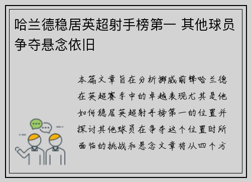 哈兰德稳居英超射手榜第一 其他球员争夺悬念依旧