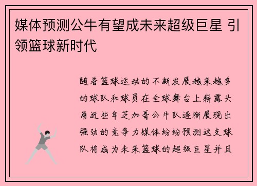 媒体预测公牛有望成未来超级巨星 引领篮球新时代