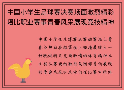 中国小学生足球赛决赛场面激烈精彩堪比职业赛事青春风采展现竞技精神 中国小学生足球赛决赛场面激烈精彩堪比职业赛事青春风采展现竞技精神